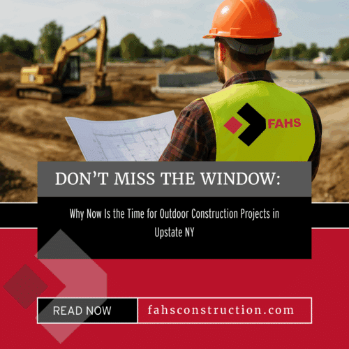 Construction worker in safety gear holding blueprints at an active sitework project with blog title overlay promoting Fahs Construction in Upstate NY