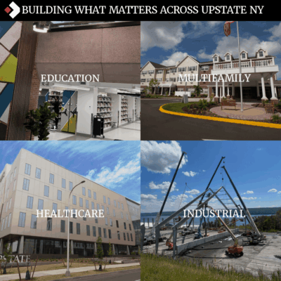 Collage showing Fahs Construction’s work across healthcare, education, multifamily, and industrial sectors in NY