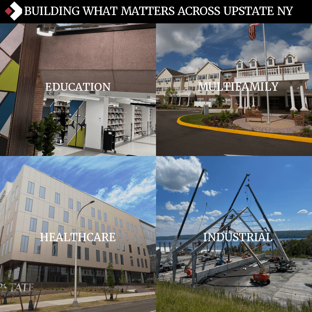Collage showing Fahs Construction’s work across healthcare, education, multifamily, and industrial sectors in NY